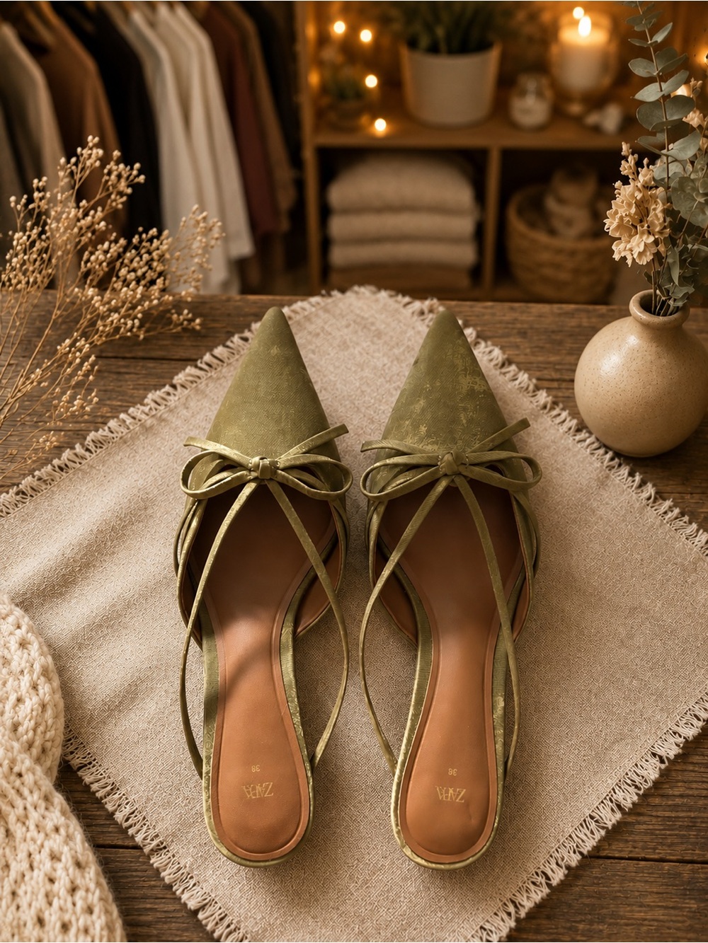 Zara Olive Green Pointed-Toe Bow Mules